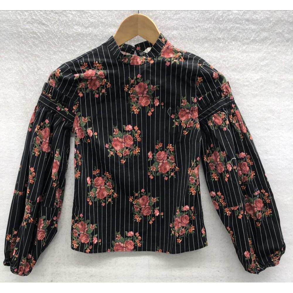 H&M Women’s Blouse Size 2 Black Floral Ruffle Mock Neck Keyhole Closure